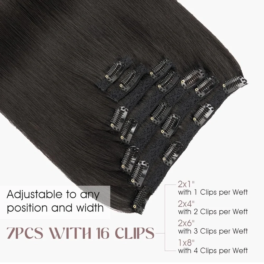 16” Nat‎ Black Clip in Human Hair Extensions Lace Weft Full Head 7pc 110g KL7